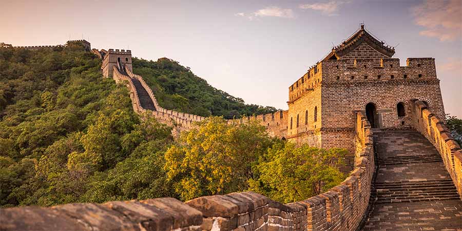Walking along a section of the Great Wall of China